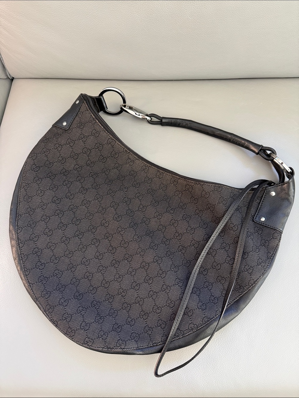 Gucci Black GG Canvas Crescent Hobo with Leather Handle and Trimming